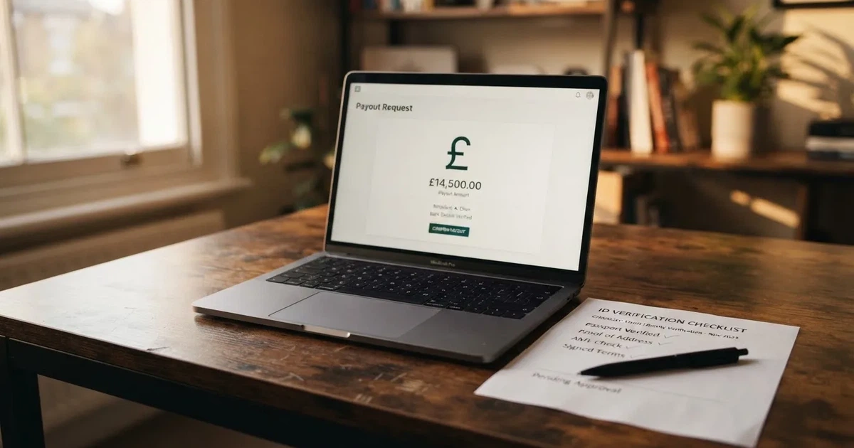 A laptop open on a payout-request screen next to a printed identity-check checklist and a pen.