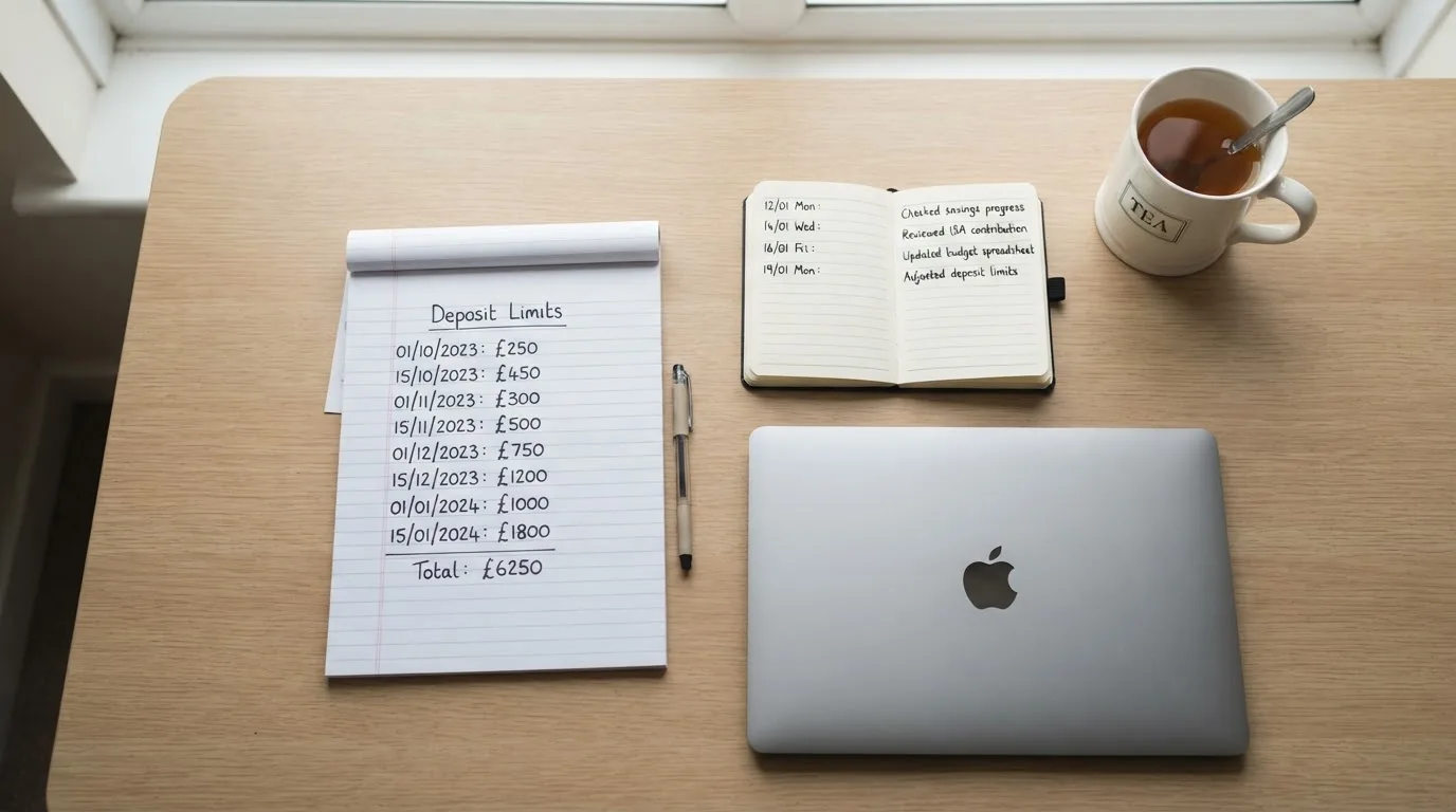 A tidy desk with a notepad listing deposit limits, a calendar, and a cup of tea beside a closed laptop.